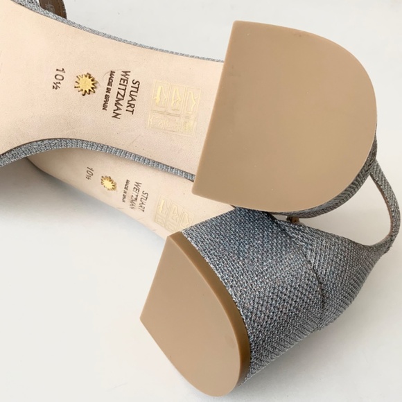 Stuart Weitzman Nudistcurve 35 Silver Block Heel Ankle Strap Sandals Pumps 10.5 - Picture 5 of 9